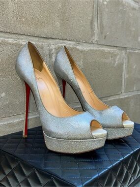 Christian Louboutin Silver Glitter Lady Peep Pumps Size 42.